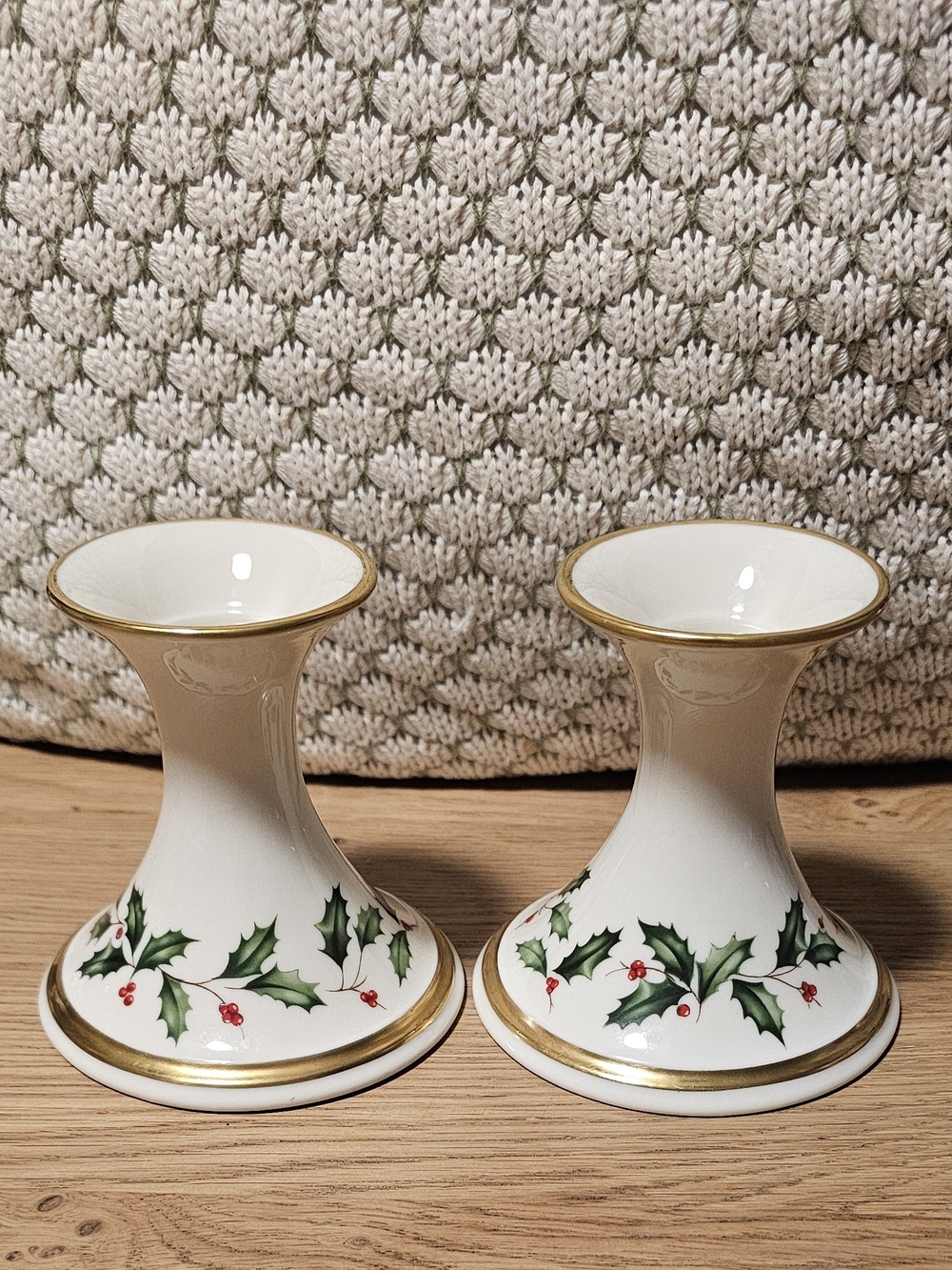 Lenox White, Green and Red Holly Porcelain Candle Holders with Gold Trim